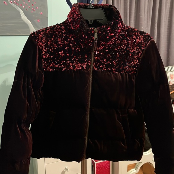 Maeve for Anthropologie deep purple velvet and sequins puffer coat in a medium - Picture 1 of 5